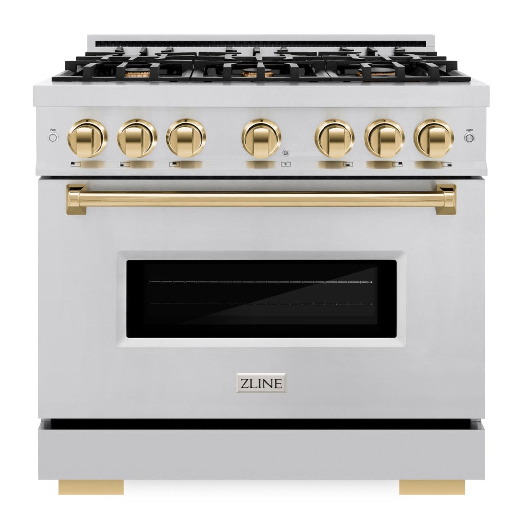 ZLINE Autograph Edition 36" 5.2 cu. ft. Classic Gas Range with 6 Burners in Stainless Steel and Polished Gold Accents, CGRZ-36-G