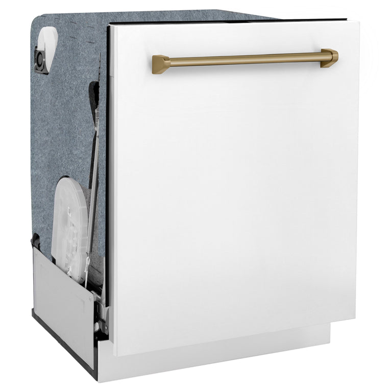 ZLINE Autograph Package - 48 In. Dual Fuel Range, Range Hood, and Dishwasher with White Matte Finish and Bronze Accents, 3AKPR-RASWMRHDWM48-CB