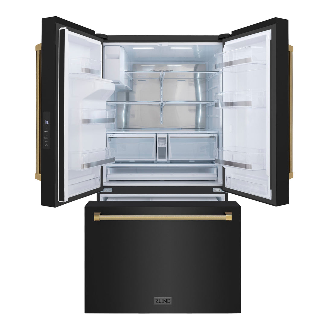 ZLINE Autograph Edition 36 in. 28.9 cu. ft. Standard-Depth French Door External Water Dispenser Refrigerator with Dual Ice Maker in Fingerprint-Resistant Black Stainless Steel and Polished Gold Helix Handles (RSMZ-W-36-BS-KG)