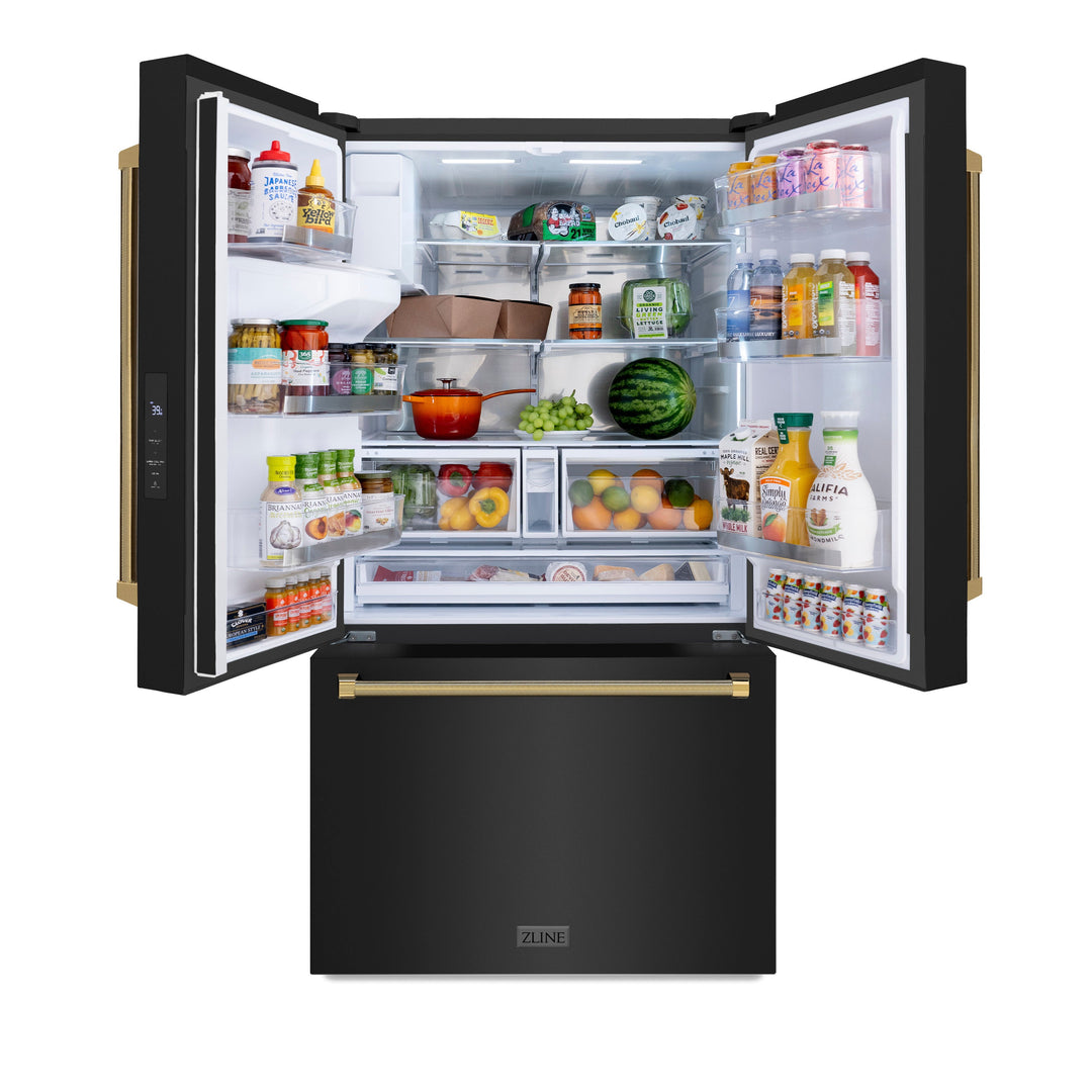 ZLINE Autograph Edition 36 in. 28.9 cu. ft. Standard-Depth French Door External Water Dispenser Refrigerator with Dual Ice Maker in Fingerprint-Resistant Black Stainless Steel and Polished Gold Helix Handles (RSMZ-W-36-BS-KG)