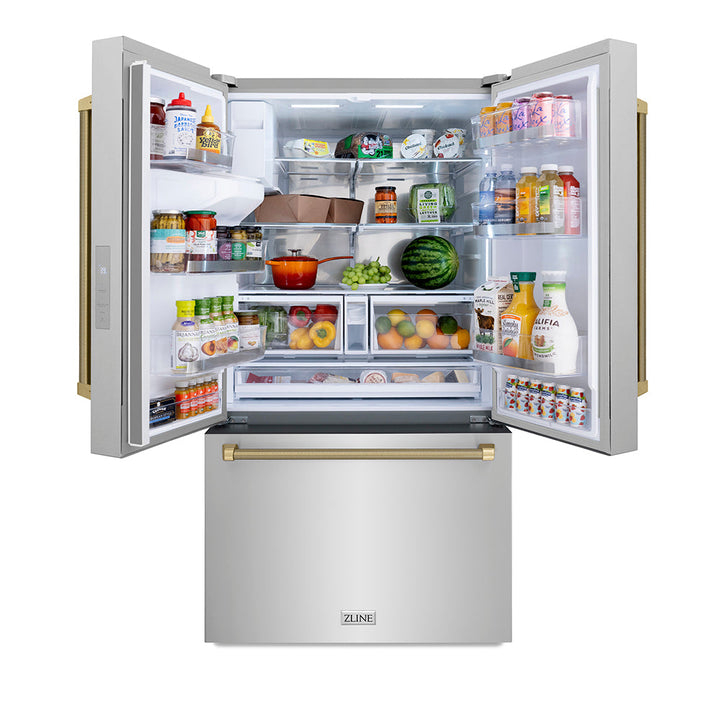ZLINE Autograph Edition 36 in. 28.9 cu. ft. Standard-Depth French Door External Water Dispenser Refrigerator with Dual Ice Maker in Fingerprint-Resistant Stainless Steel and Champagne Bronze Helix Handles (RSMZ-W-36-KCB)