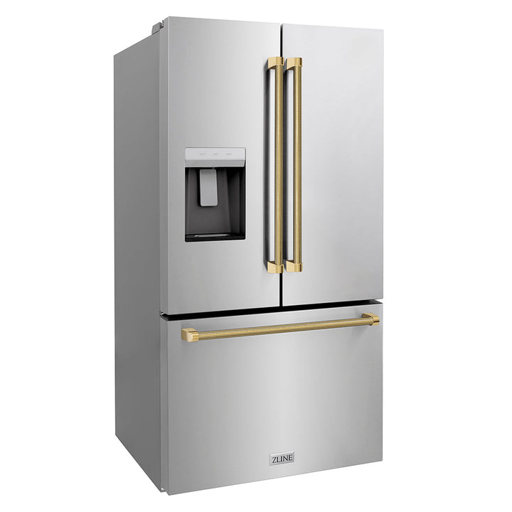 ZLINE Autograph Edition 36 in. 28.9 cu. ft. Standard-Depth French Door External Water Dispenser Refrigerator with Dual Ice Maker in Fingerprint-Resistant Stainless Steel and Polished Gold Helix Handles (RSMZ-W-36-KG)