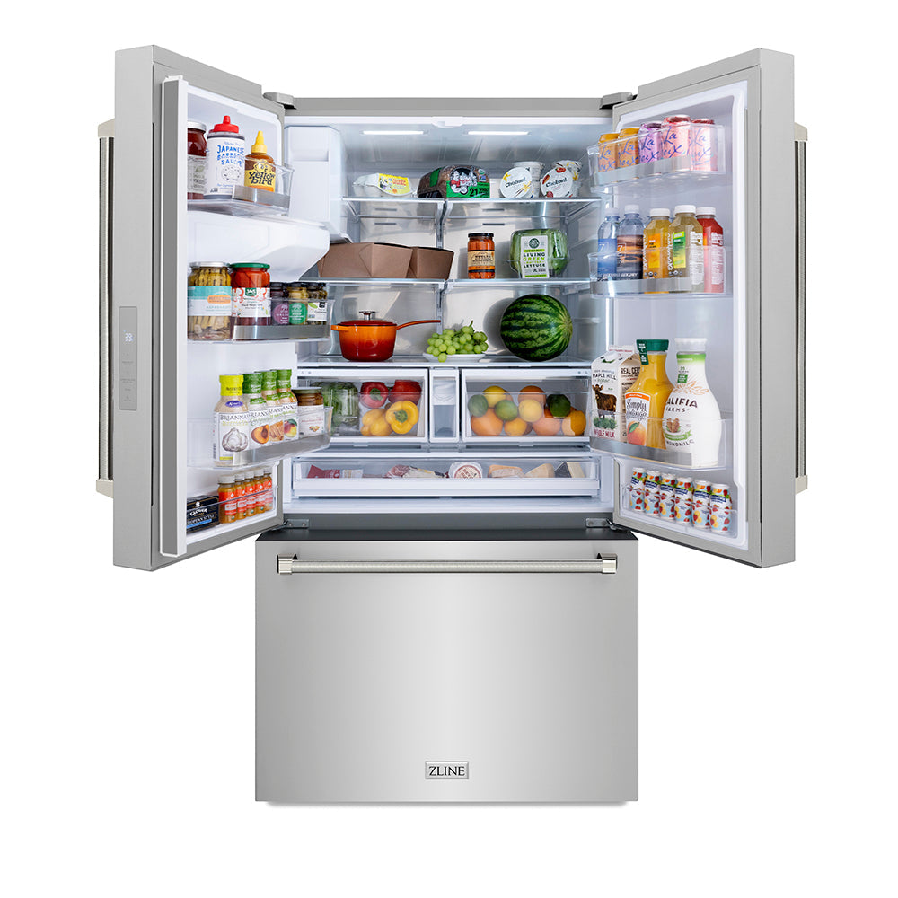 ZLINE Autograph Edition 36 in. 28.9 cu. ft. Standard-Depth French Door External Water Dispenser Refrigerator with Dual Ice Maker in Fingerprint-Resistant Stainless Steel and Polished Nickel Helix Handles (RSMZ-W-36-KPN)