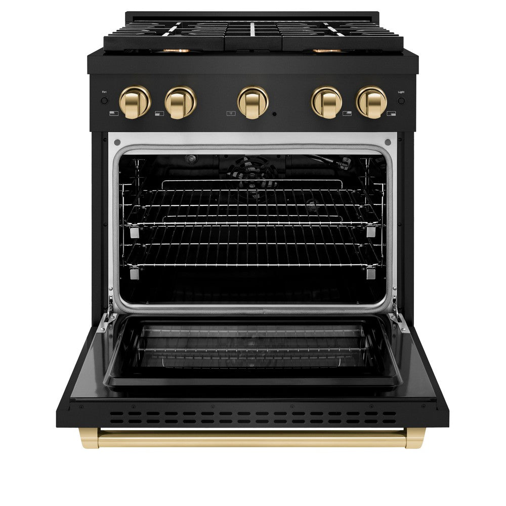ZLINE Autograph 30" 4.2 cu. ft. Paramount Dual Fuel Range with 4 Burners in Black Stainless Steel with Polished Gold Accents, SDRBZ-30-G