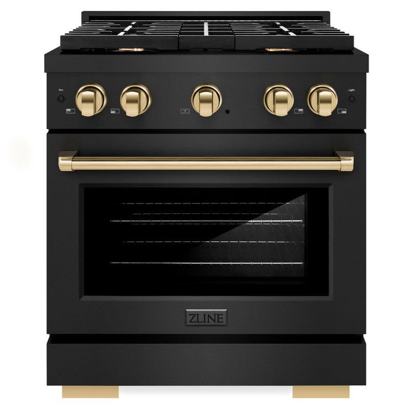 ZLINE Autograph 30" 4.2 cu. ft. Paramount Dual Fuel Range with 4 Burners in Black Stainless Steel with Polished Gold Accents, SDRBZ-30-G