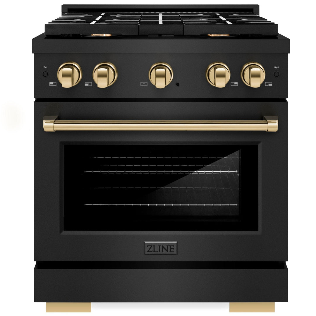ZLINE Autograph 30&quot; 4.2 cu. ft. Paramount Gas Range with Convection Gas Oven in Black Stainless Steel and Gold Accents, SGRBZ-30-G