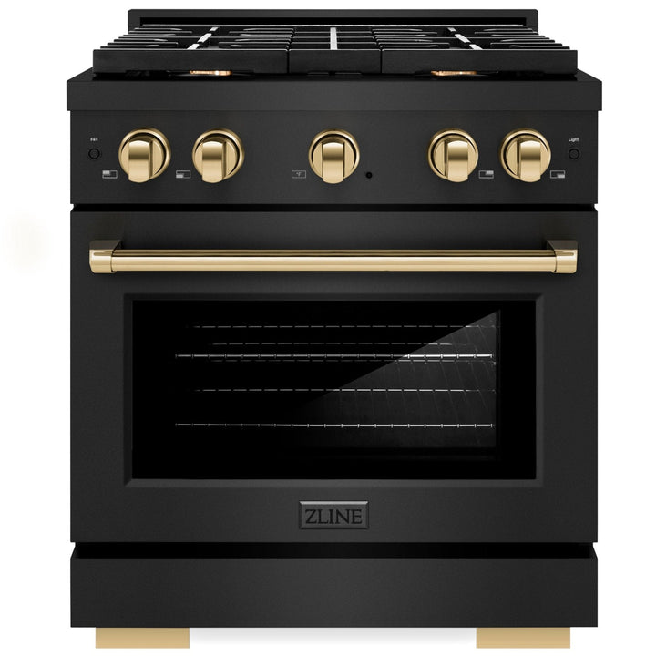 ZLINE Autograph 30&quot; 4.2 cu. ft. Paramount Gas Range with Convection Gas Oven in Black Stainless Steel and Gold Accents, SGRBZ-30-G