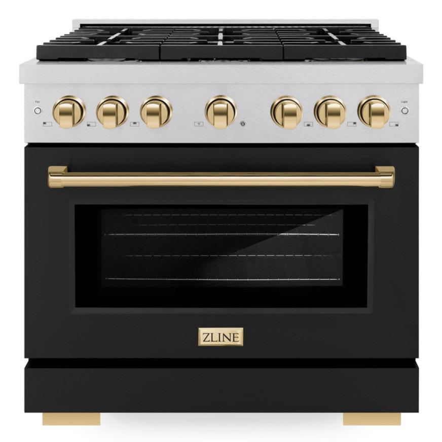 ZLINE Autograph 36" 5.2 cu. ft. Paramount Dual Fuel Range with 6 Burners in DuraSnow® with Black Matte Door and Polished Gold Accents, SDRSZ-BLM-36-G