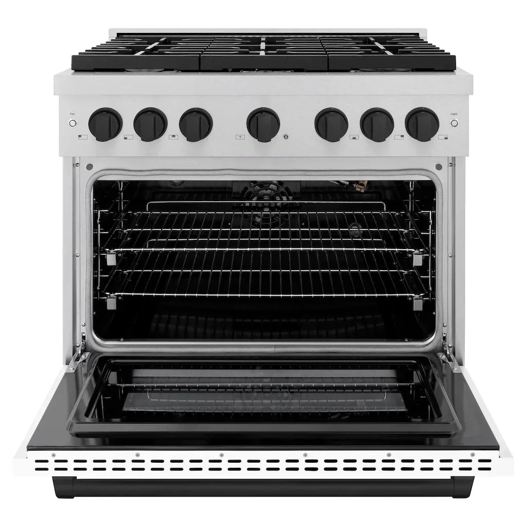 ZLINE Autograph 36" 5.2 cu. ft. Paramount Gas Range with Convection Gas Oven in DuraSnow® Stainless Steel with White Matte Door and Matte Black Accents, SGRSZ-WM-36-MB