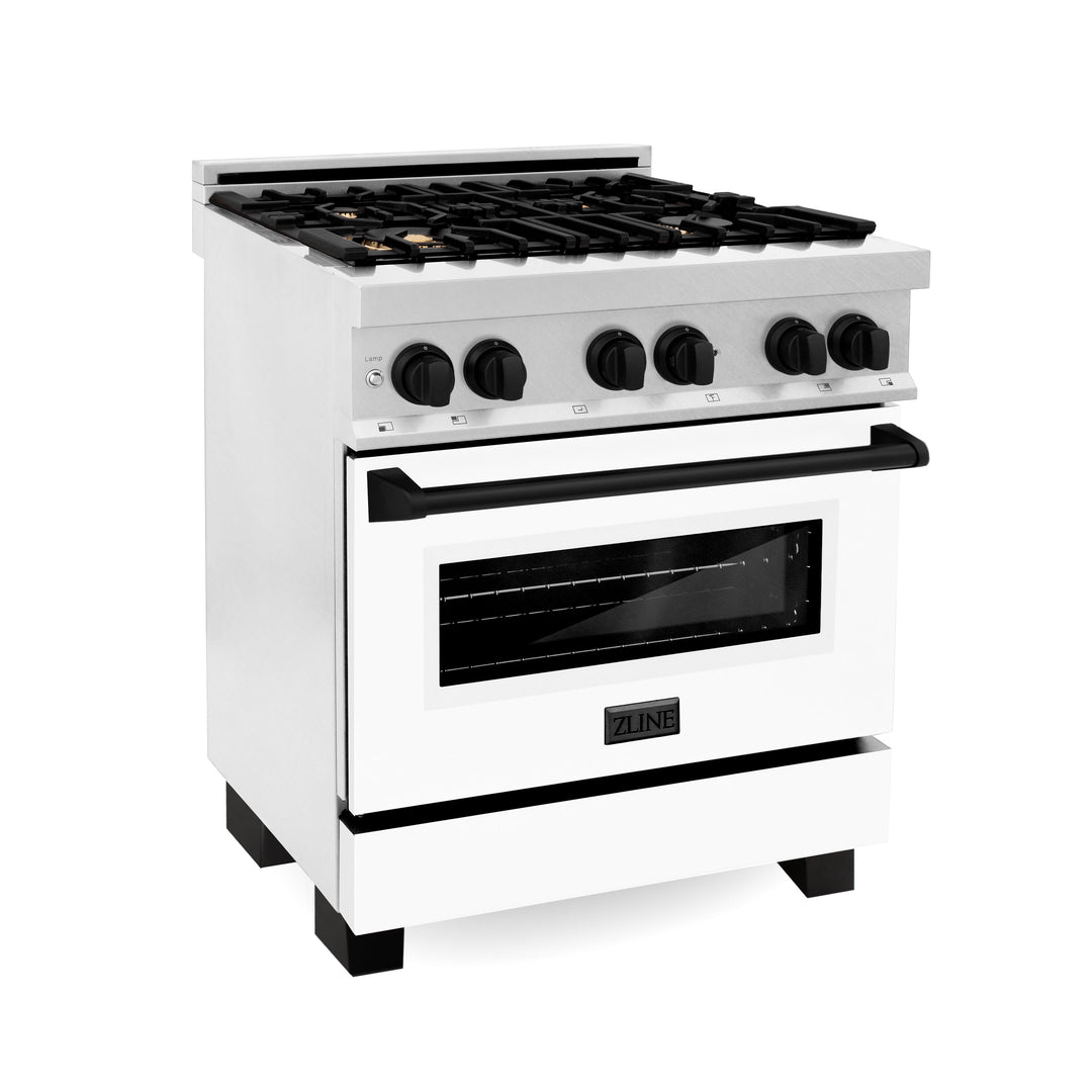 ZLINE Autograph Edition 30 in. 4.0 cu. ft. Legacy Dual Fuel Range with 4 Burner Gas Cooktop and Electric Convection Oven in Satin Stainless Steel with White Matte Door and Matte Black Accents (RASZ-WM-30-MB)