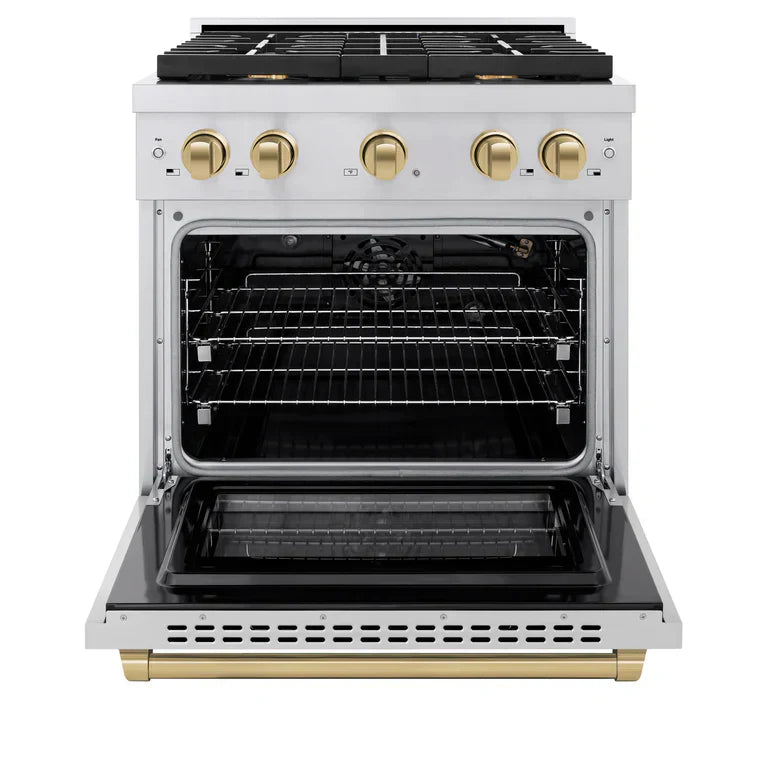 ZLINE Autograph Package - 30 In. Gas Range, Range Hood in Stainless Steel with Gold Accents, 2AKP-RGRH30-G