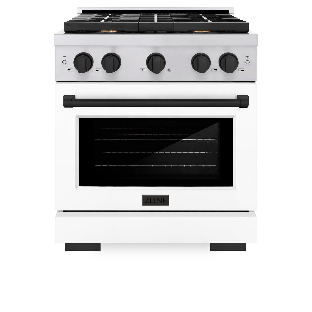 ZLINE Autograph 30" 4.2 cu. ft. Paramount Gas Range with Convection Gas Oven in Stainless Steel with White Matte Door and Matte Black Accents, SGRZ-WM-30-MB