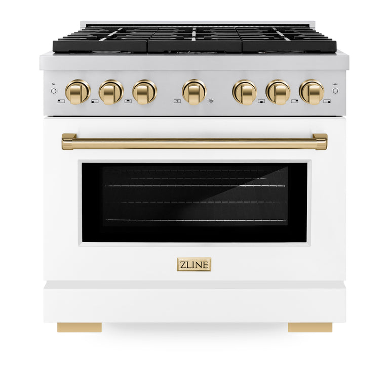 ZLINE Autograph Package - 36 In. Gas Range, Range Hood, Dishwasher in White with Champagne Bronze Accents, 3AKP-RGWMRHDWM36-CB