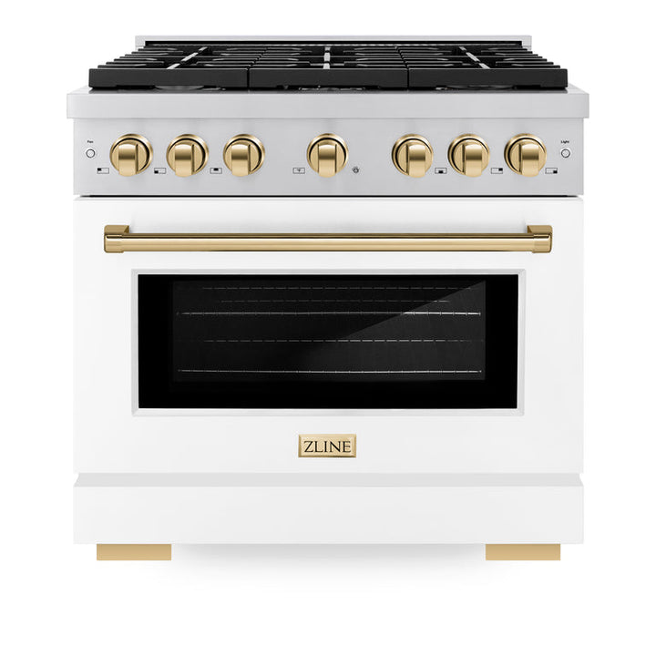 ZLINE Autograph Package - 36 In. Gas Range, Range Hood, Dishwasher in White with Champagne Bronze Accents, 3AKP-RGWMRHDWM36-CB