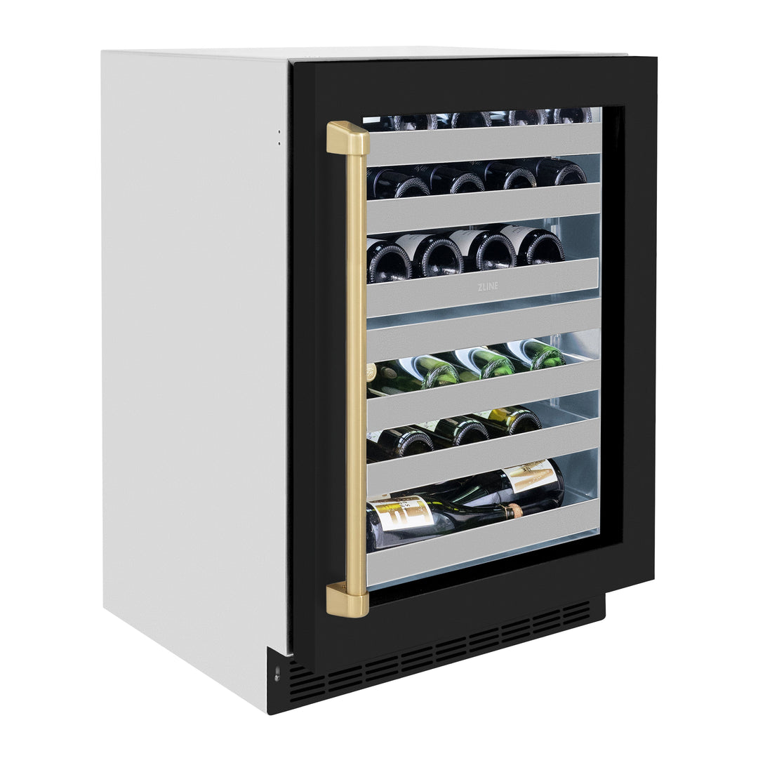 ZLINE Autograph 24" Touchstone Dual Zone 44 Bottle Wine Cooler with Black Matte Glass Door and Champagne Bronze Handle, RWDOZ-BLM-24-CB