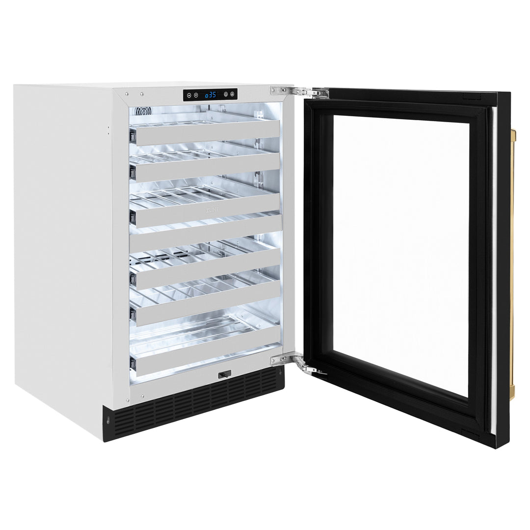 ZLINE Autograph 24" Touchstone Dual Zone 44 Bottle Wine Cooler with Black Matte Glass Door and Polished Gold Handle, RWDOZ-BLM-24-G