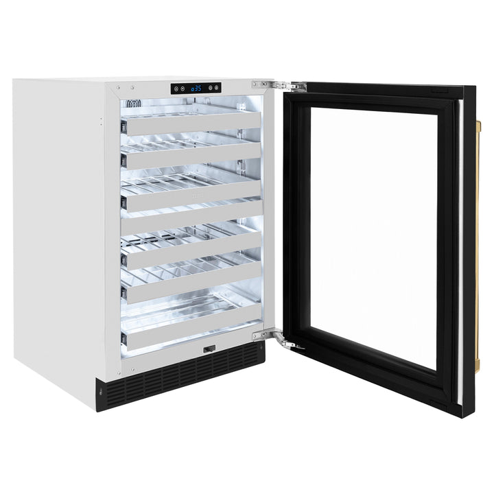 ZLINE Autograph 24" Touchstone Dual Zone 44 Bottle Wine Cooler with Black Matte Glass Door and Polished Gold Handle, RWDOZ-BLM-24-G