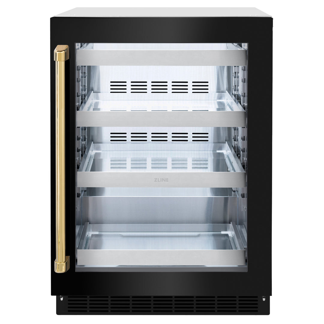 ZLINE Autograph 24" Touchstone 151 Can Beverage Fridge with Black Stainless Steel Glass Door and Polished Gold Handle, RBSOZ-BS-24-G