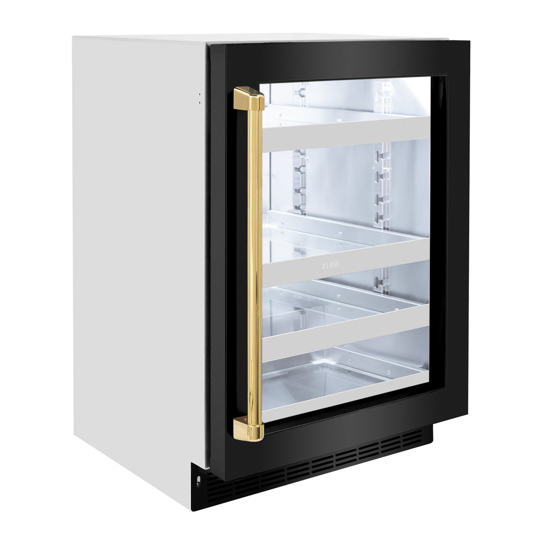 ZLINE Autograph 24" Touchstone 151 Can Beverage Fridge with Black Stainless Steel Glass Door and Polished Gold Handle, RBSOZ-BS-24-G