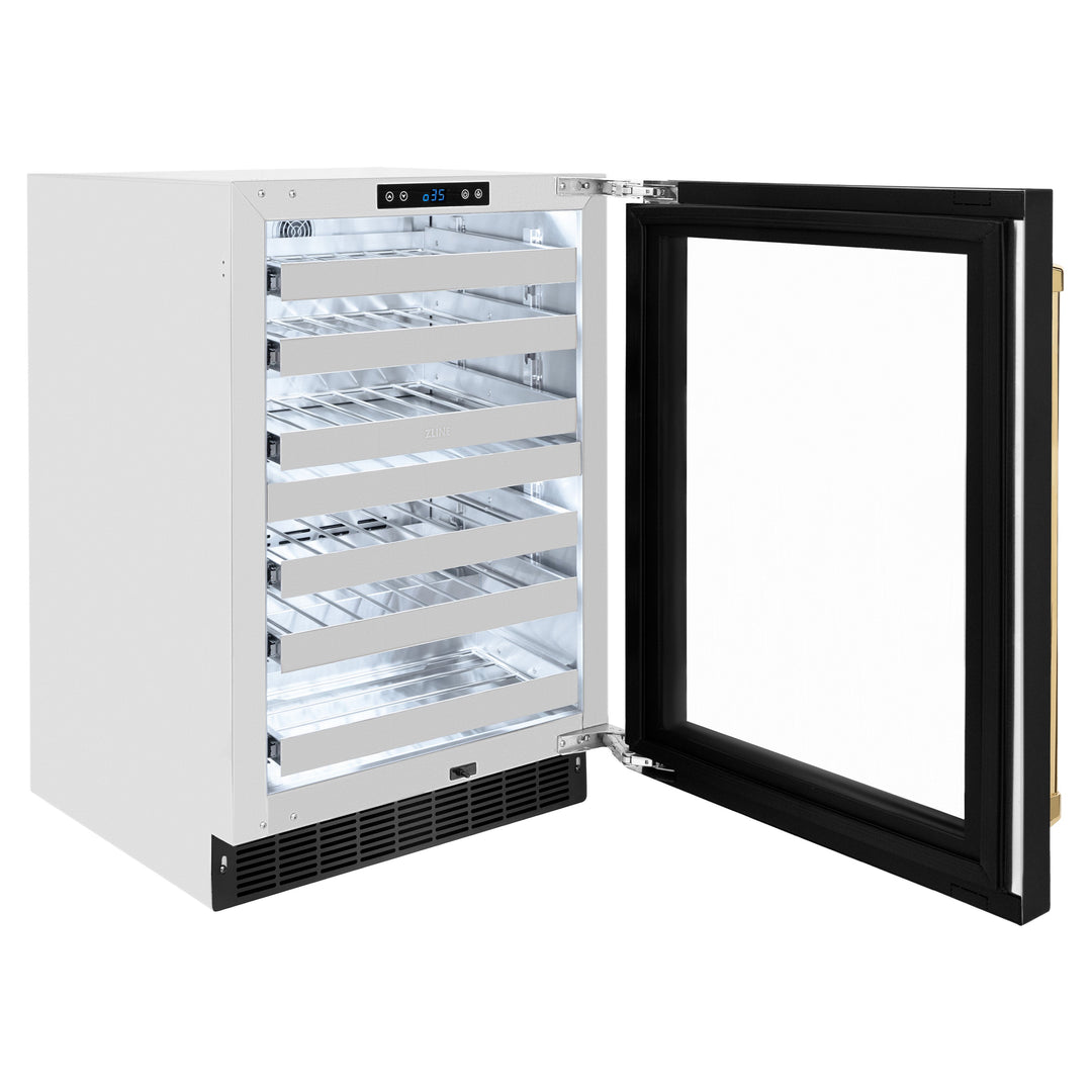 ZLINE Autograph 24" Touchstone Dual Zone 44 Bottle Wine Cooler with Black Stainless Steel Glass Door and Polished Gold Handle, RWDOZ-BS-24-G
