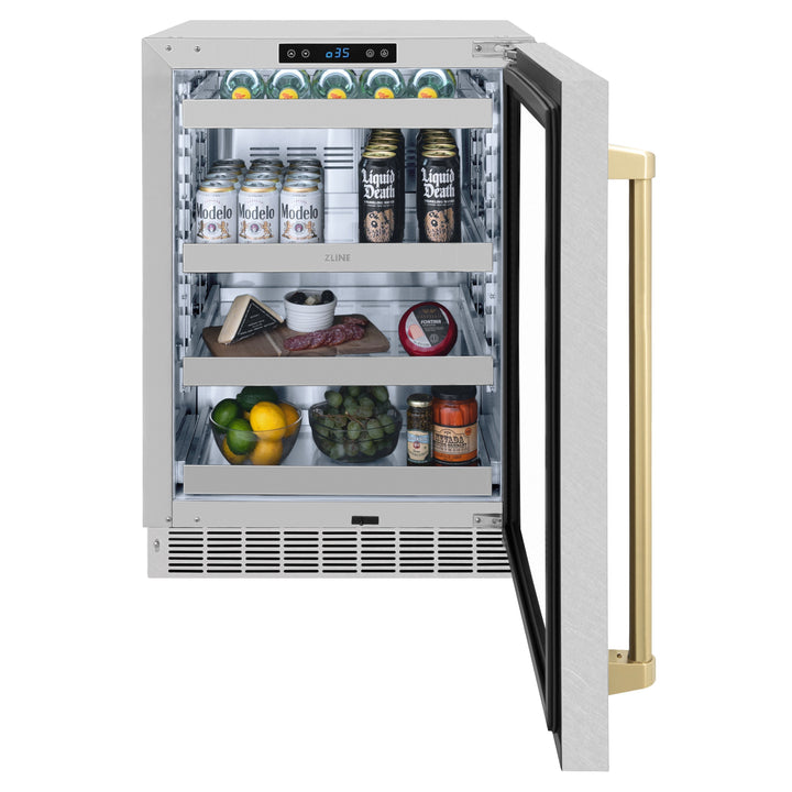 ZLINE Autograph 24" Touchstone 151 Can Beverage Fridge with DuraSnow® Stainless Steel Glass Door and Champagne Bronze Handle, RBSOZ-SN-24-CB