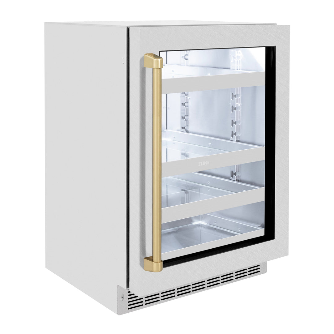 ZLINE Autograph 24" Touchstone 151 Can Beverage Fridge with DuraSnow® Stainless Steel Glass Door and Champagne Bronze Handle, RBSOZ-SN-24-CB