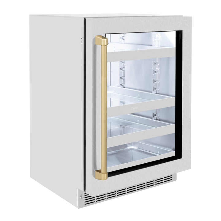 ZLINE Autograph 24" Touchstone 151 Can Beverage Fridge with DuraSnow® Stainless Steel Glass Door and Champagne Bronze Handle, RBSOZ-SN-24-CB