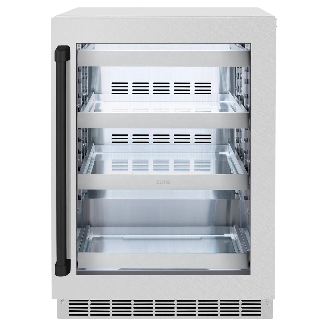 ZLINE Autograph 24" Touchstone 151 Can Beverage Fridge with DuraSnow® Stainless Steel Glass Door and Matte Black Handle, RBSOZ-SN-24-MB