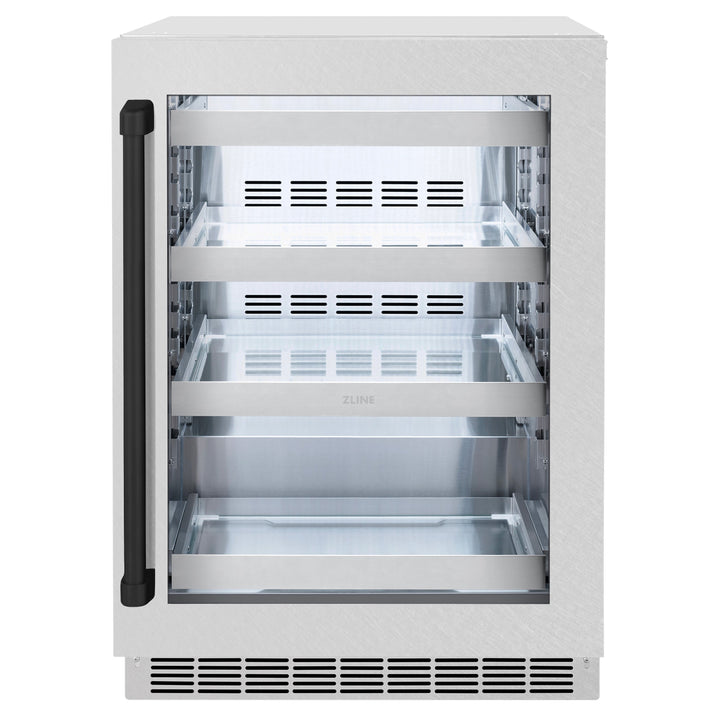 ZLINE Autograph 24" Touchstone 151 Can Beverage Fridge with DuraSnow® Stainless Steel Glass Door and Matte Black Handle, RBSOZ-SN-24-MB