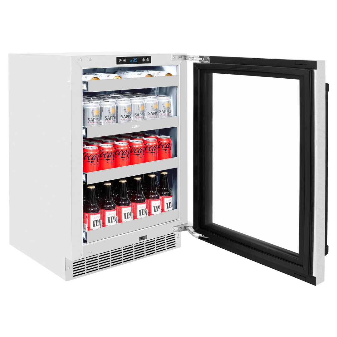 ZLINE Autograph 24" Touchstone 151 Can Beverage Fridge with DuraSnow® Stainless Steel Glass Door and Matte Black Handle, RBSOZ-SN-24-MB