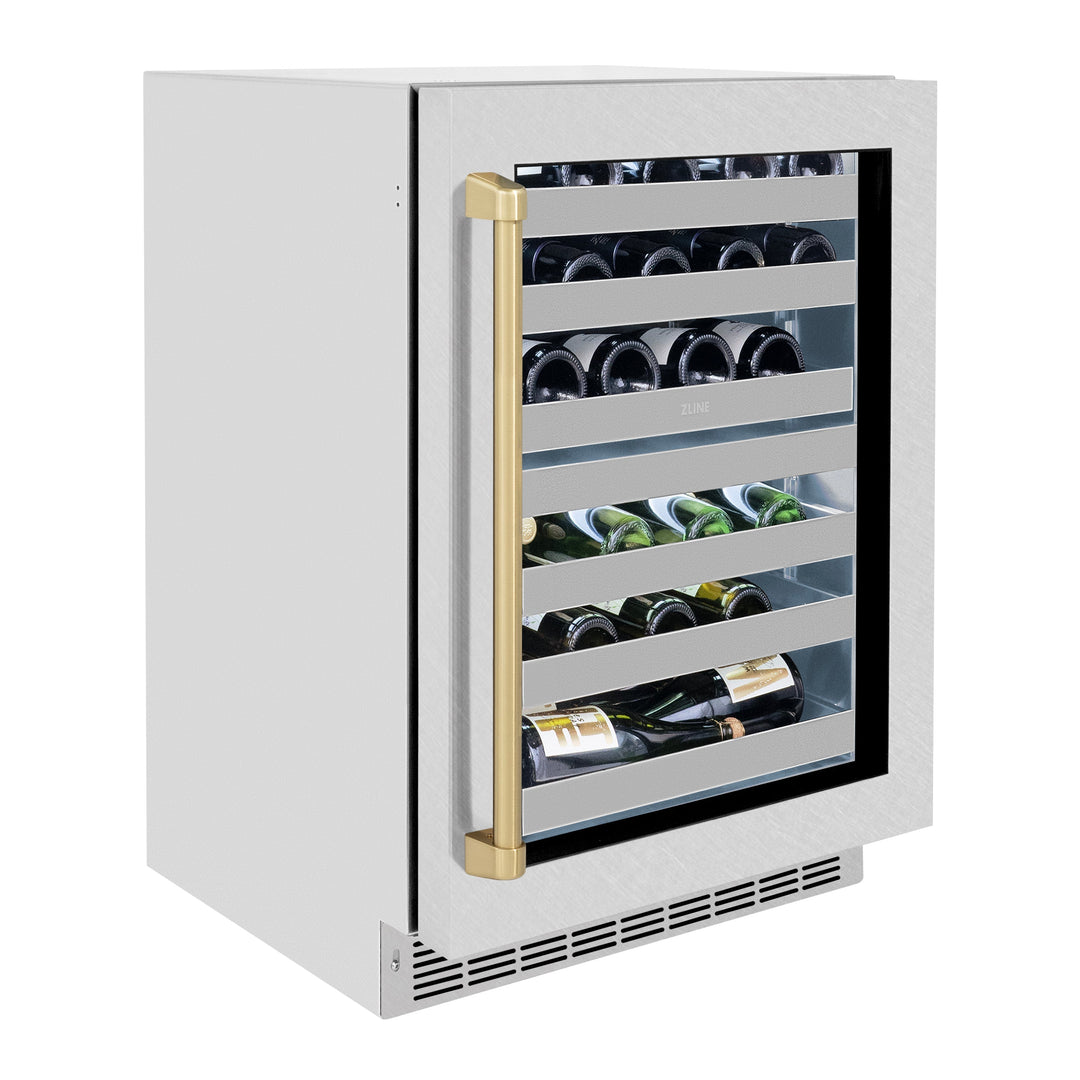 ZLINE Autograph 24" Touchstone Dual Zone 44 Bottle Wine Cooler with DuraSnow® Stainless Steel Glass Door and Champagne Bronze Handle, RWDOZ-SN-24-CB