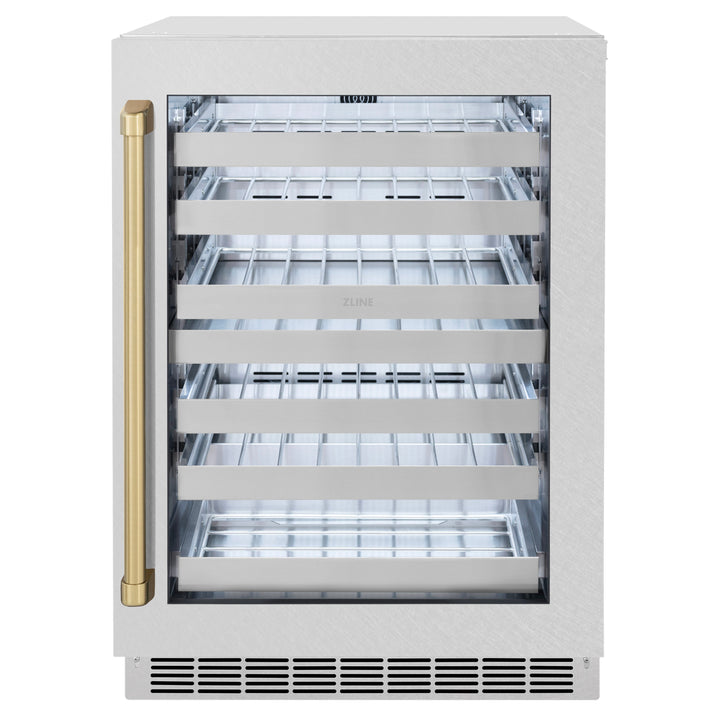 ZLINE Autograph 24" Touchstone Dual Zone 44 Bottle Wine Cooler with DuraSnow® Stainless Steel Glass Door and Champagne Bronze Handle, RWDOZ-SN-24-CB