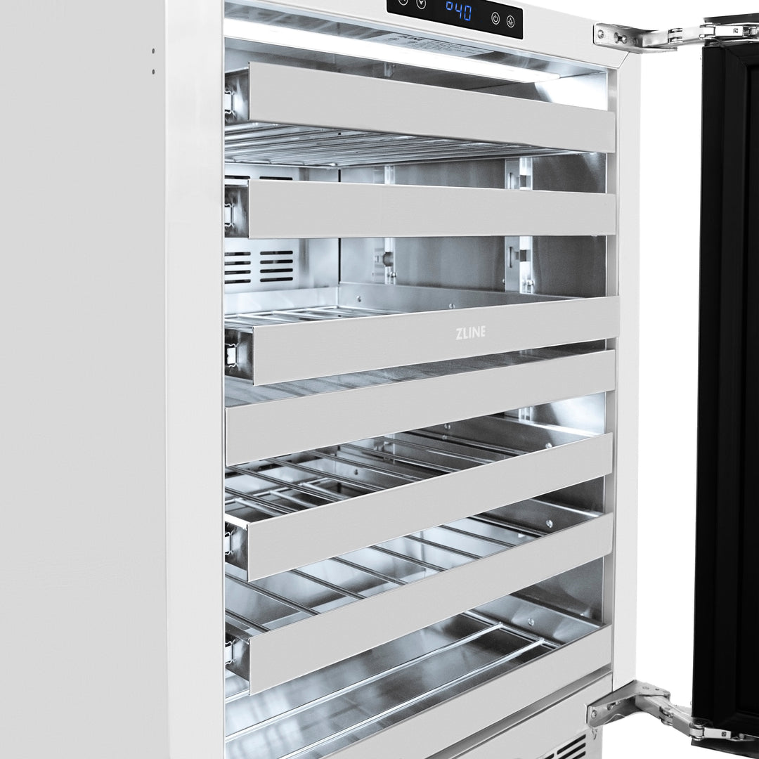 ZLINE Autograph 24" Touchstone Dual Zone 44 Bottle Wine Cooler with DuraSnow® Stainless Steel Glass Door and Polished Gold Handle, RWDOZ-SN-24-G