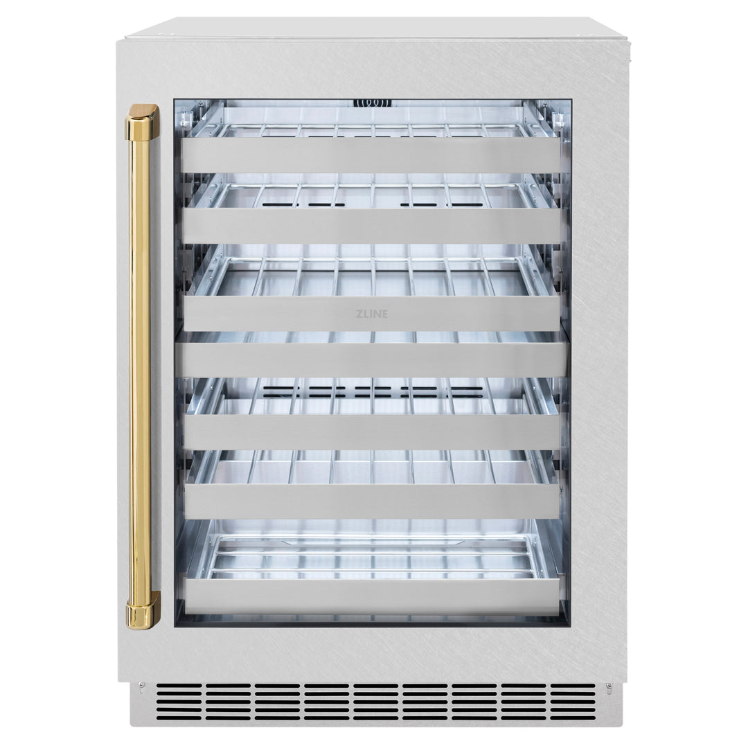 ZLINE Autograph 24" Touchstone Dual Zone 44 Bottle Wine Cooler with DuraSnow® Stainless Steel Glass Door and Polished Gold Handle, RWDOZ-SN-24-G