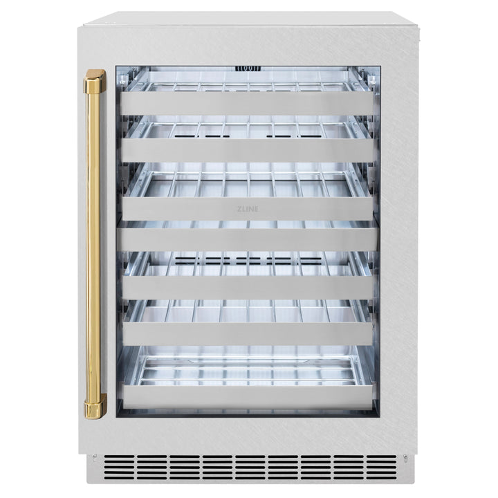 ZLINE Autograph 24" Touchstone Dual Zone 44 Bottle Wine Cooler with DuraSnow® Stainless Steel Glass Door and Polished Gold Handle, RWDOZ-SN-24-G