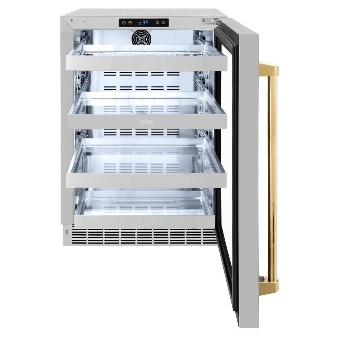 ZLINE Autograph 24" Touchstone 151 Can Beverage Fridge with Stainless Steel Glass Door and Polished Gold Handle,  RBSOZ-GS-24-G