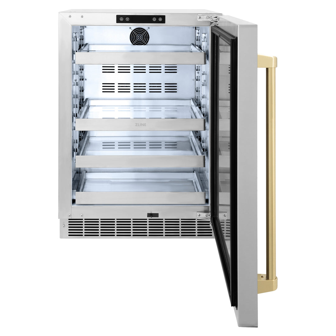 ZLINE Autograph 24" Touchstone 151 Can Beverage Fridge with Solid Stainless Steel Door and Champagne Bronze Handle,  RBSOZ-ST-24-CB