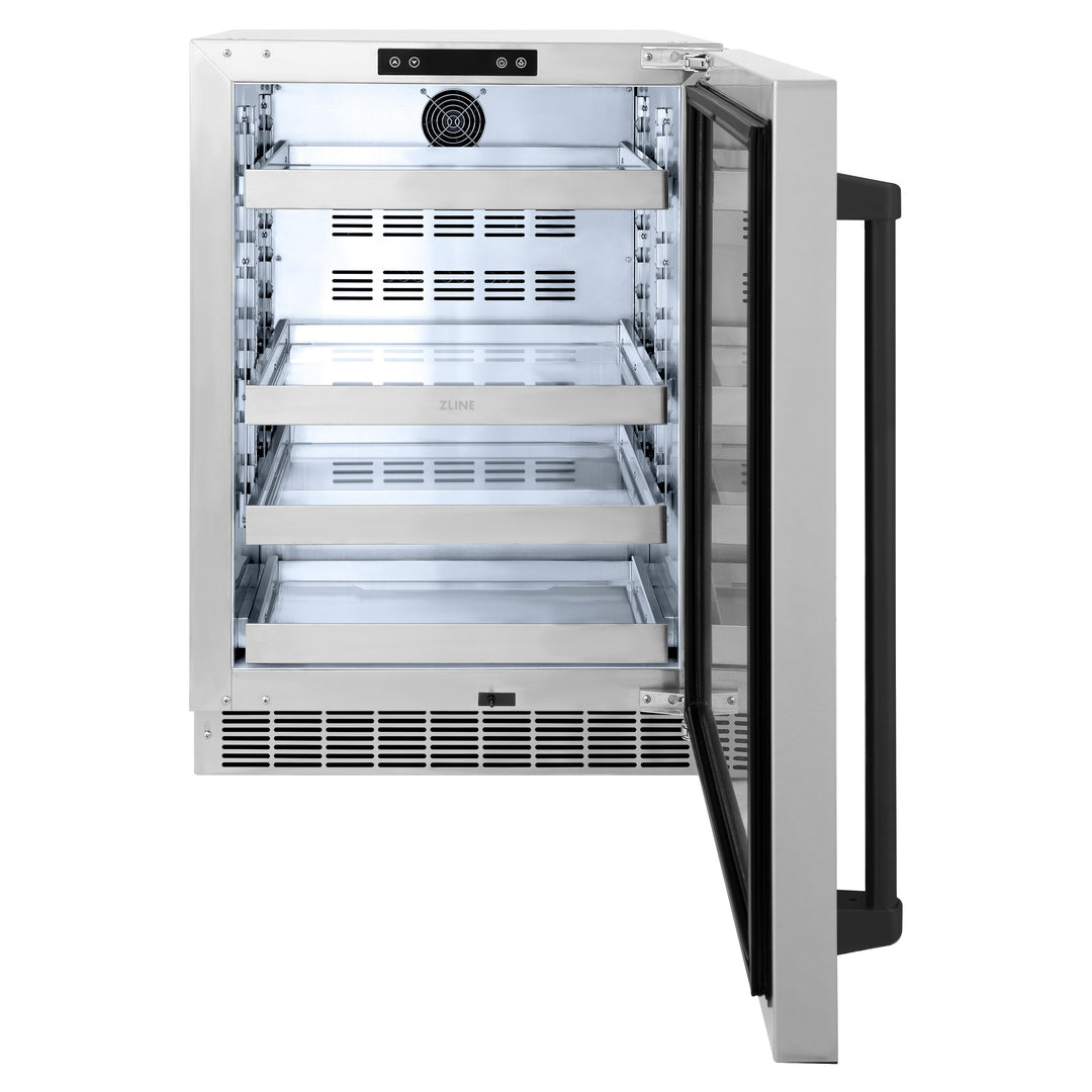 ZLINE Autograph 24" Touchstone 151 Can Beverage Fridge with Solid Stainless Steel Door and Matte Black Handle,  RBSOZ-ST-24-MB