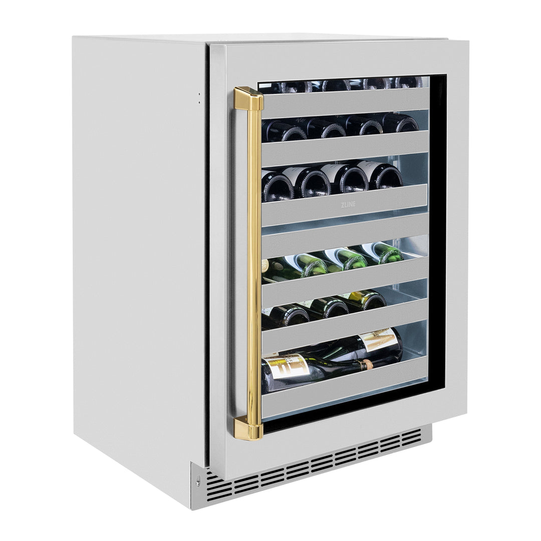 ZLINE Autograph 24" Touchstone Dual Zone 44 Bottle Wine Cooler with Stainless Steel Glass Door and Polished Gold Handle,  RWDOZ-GS-24-G