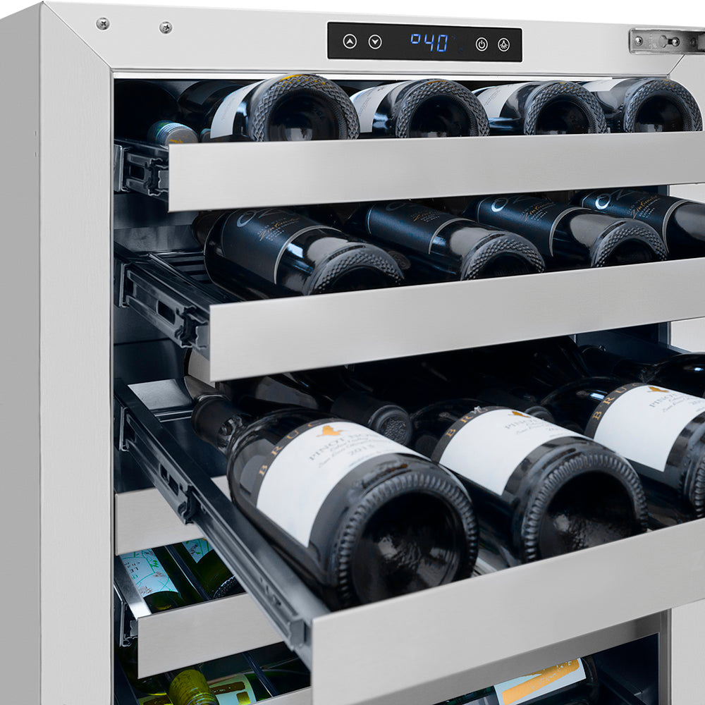 ZLINE Autograph Edition 24 in. Touchstone Dual Zone 44 Bottle Wine Cooler with Stainless Steel Glass Door and Polished Nickel Helix Handle (RWDOZS-24-KPN)