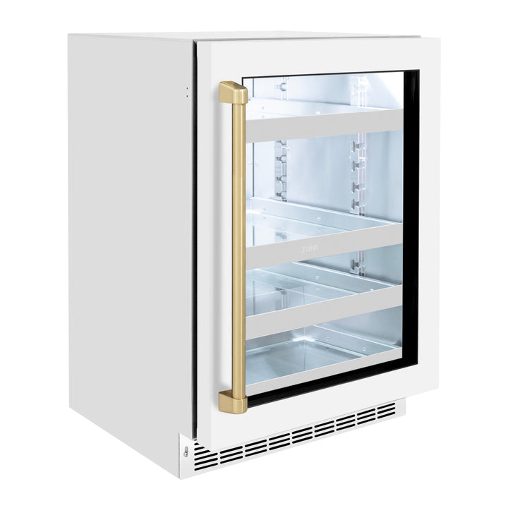 ZLINE Autograph 24" Touchstone 151 Can Beverage Fridge with White Matte Glass Door and Champagne Bronze Handle, RBSOZ-WM-24-CB