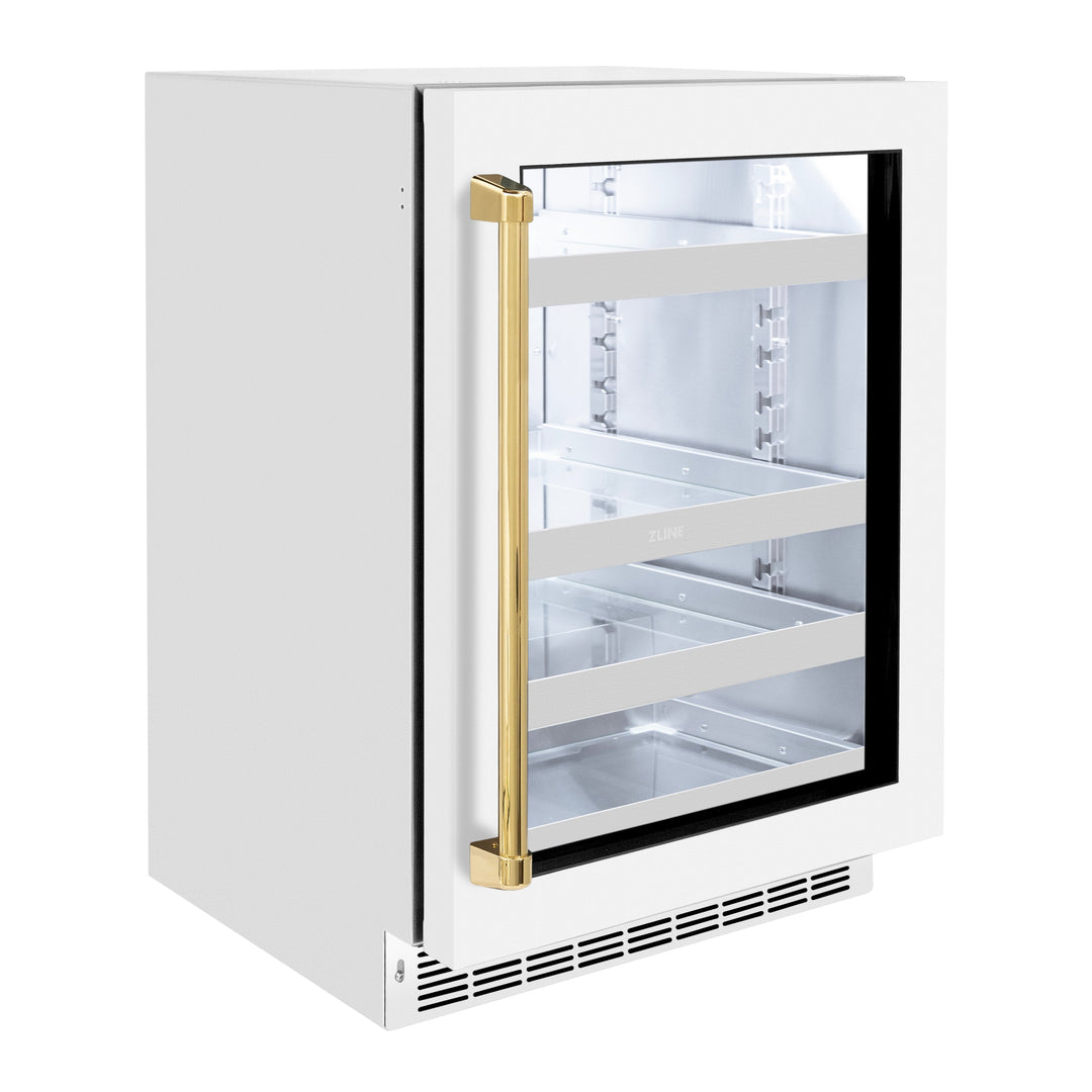 ZLINE Autograph 24" Touchstone 151 Can Beverage Fridge with White Matte Glass Door and Polished Gold Handle, RBSOZ-WM-24-G