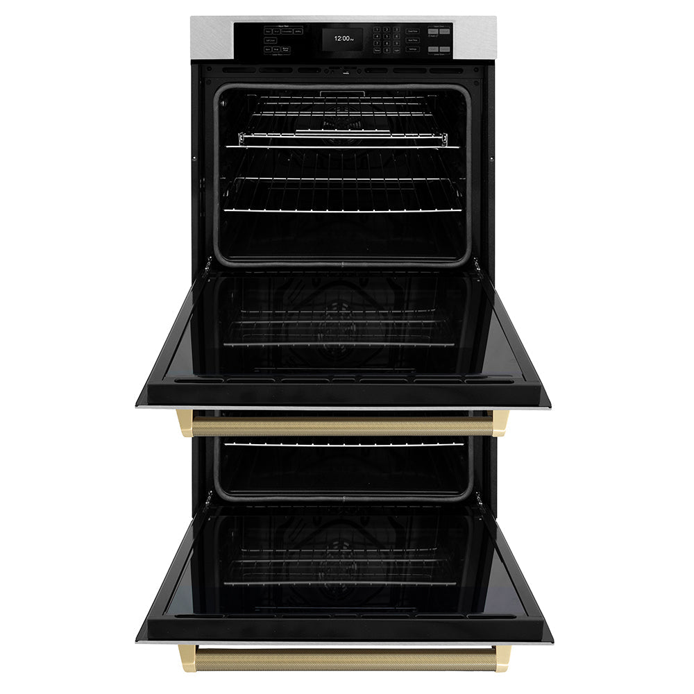 ZLINE Autograph Edition 30 in. Professional True Convection Double Wall Oven with Air Fry and Self Clean in Satin Stainless Steel with Champagne Bronze Helix Handles (WADSZ-30-KCB)