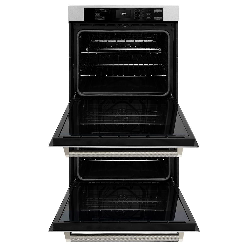 ZLINE Autograph Edition 30 in. Professional True Convection Double Wall Oven with Air Fry and Self Clean in Satin Stainless Steel with Polished Nickel Helix Handles (WADSZ-30-KPN)