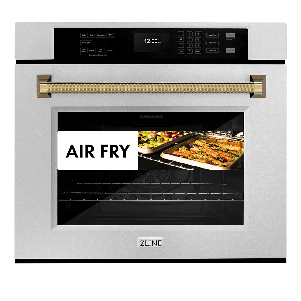 ZLINE Autograph Edition 30 in. Professional True Convection Single Wall Oven with Air Fry and Self Clean in Satin Stainless Steel with Polished Gold Helix Handle (WASSZ-30-KG)