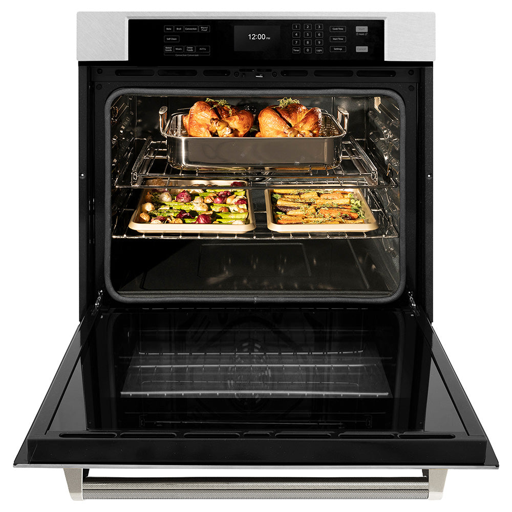 ZLINE Autograph Edition 30 in. Professional True Convection Single Wall Oven with Air Fry and Self Clean in Satin Stainless Steel with Polished Nickel Helix Handle (WASSZ-30-KPN)