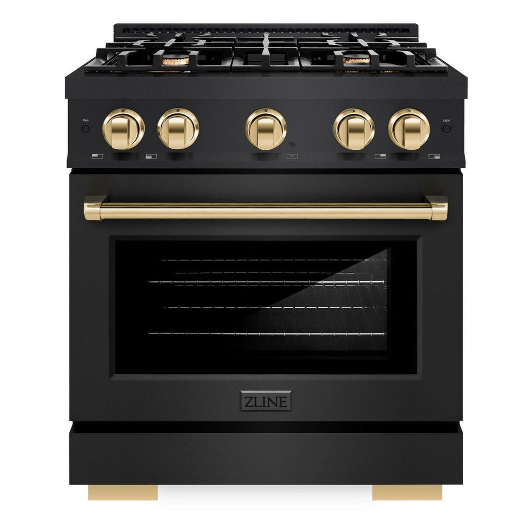 ZLINE Autograph Edition 30" 4.2 cu. ft. Select Dual Fuel Range with 4 Burners in Black Stainless Steel with Polished Gold Accents, HDRBZ-30-G
