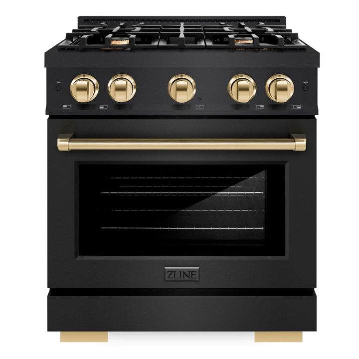 ZLINE Autograph Edition 30" 4.2 cu. ft. Select Dual Fuel Range with 4 Burners in Black Stainless Steel with Polished Gold Accents, HDRBZ-30-G