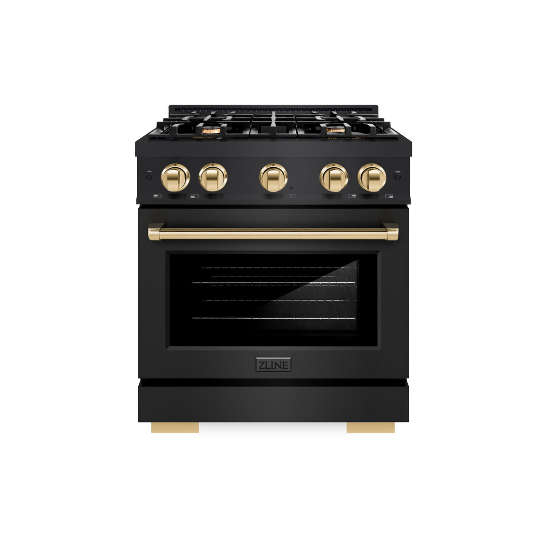 ZLINE Autograph Edition 30 in. 4.2 cu. ft. Select Gas Range with 4 Burner Cooktop and Convection Gas Oven in Black Stainless Steel and Polished Gold Accents (HGRBZ-30-G)