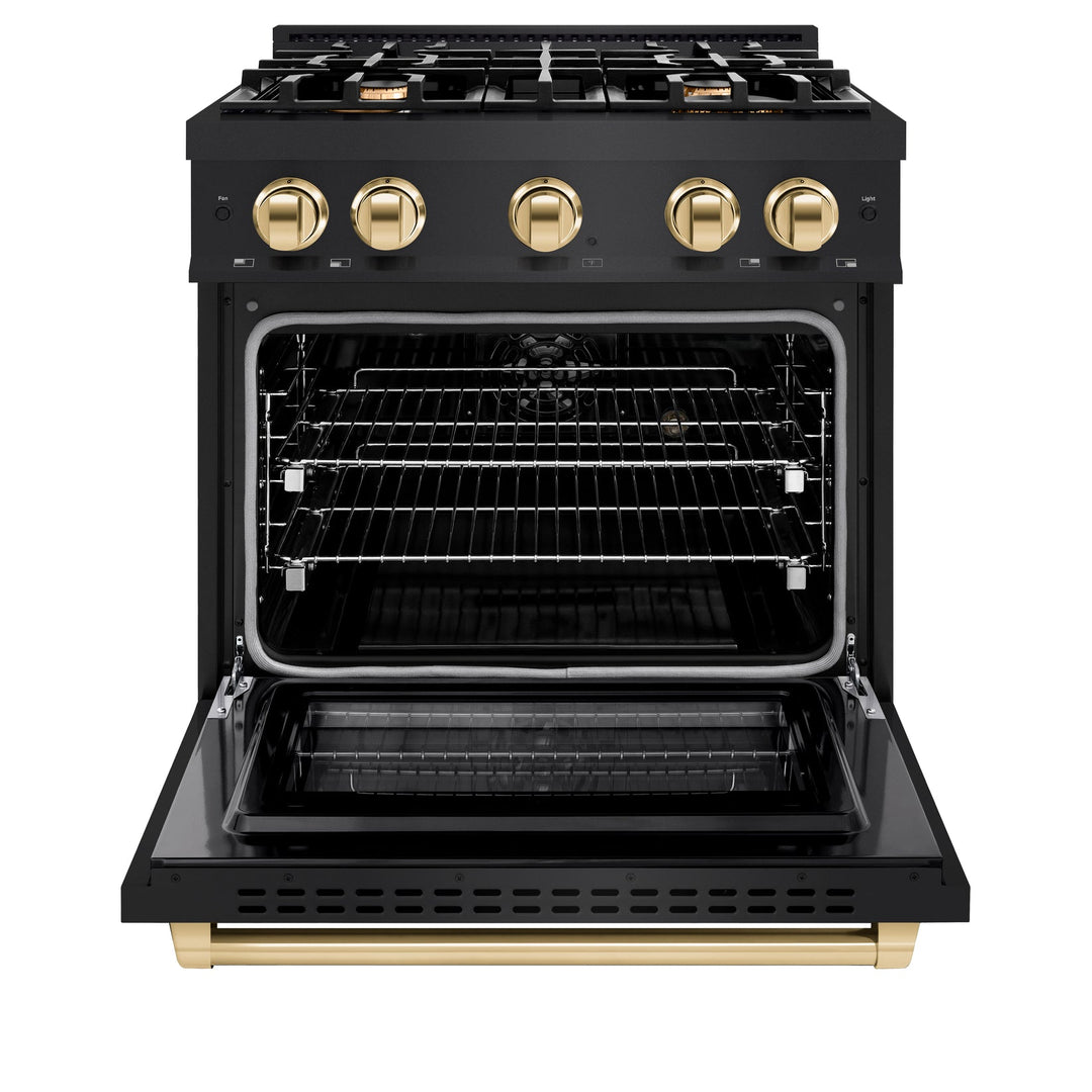 ZLINE Autograph Edition 30" 4.2 cu. ft. Select Dual Fuel Range with 4 Burners in Black Stainless Steel with Polished Gold Accents, HDRBZ-30-G